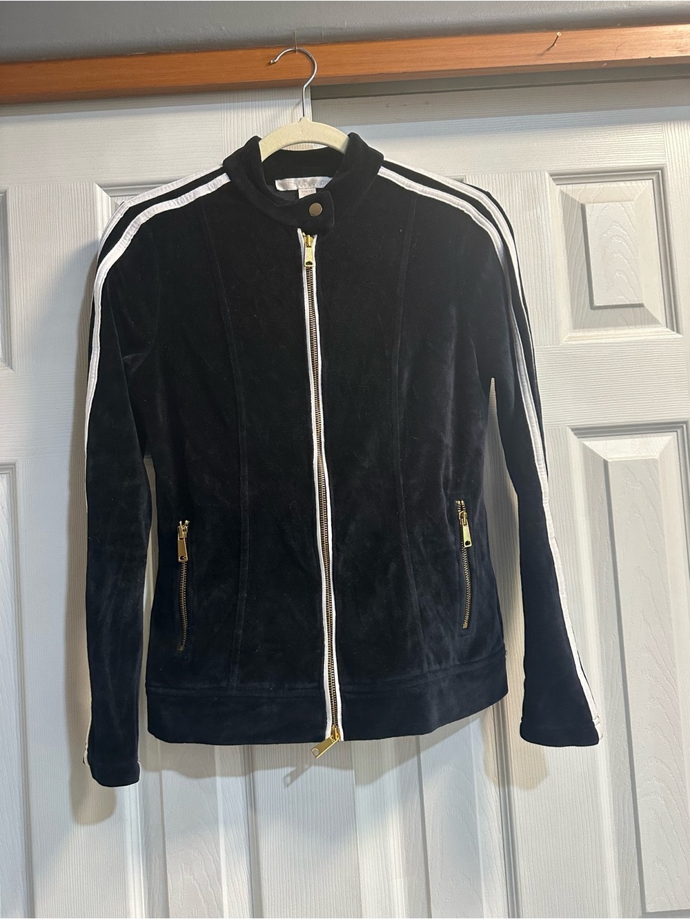 Boston Proper Black Velour Bomber Jacket with White Stripes